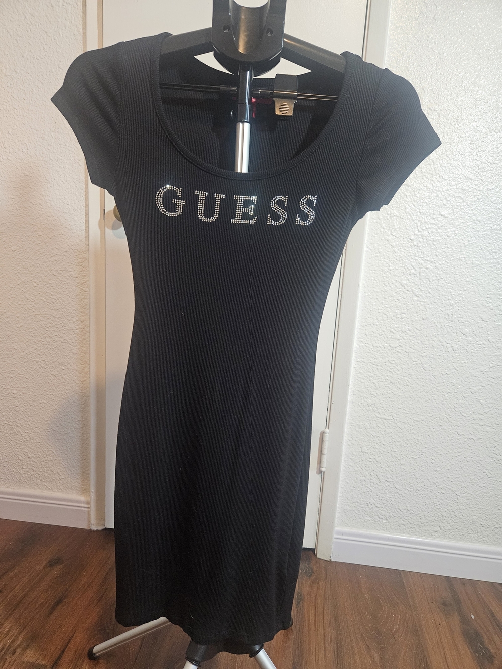 GUESS Rhinestone Logo Black Ribbed Bodycon Dress XS - Picture 3 of 6